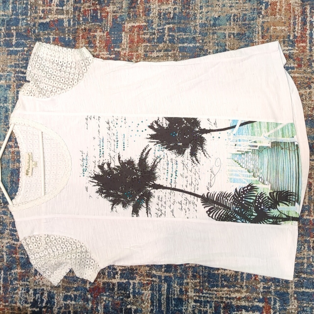 Palm Harbour Missy Women's Tropical Short Sleeve Tee w/Lace Sz XL